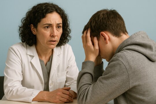 Concerned hematologist discusses health situation with patient in private consultation