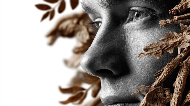 Young man with astragalus root and leaves on a pure white background