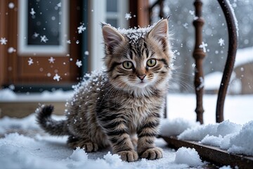 Adorable Kitten Snuggled in Winter Snowflakes on the Porch