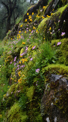 Fototapeta premium Moss Covered Rock Wall with Wildflowers