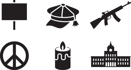Symbolic Protest Icons Collection Sign, Hat, Rifle, Peace, Candle, Building Vector Illustration