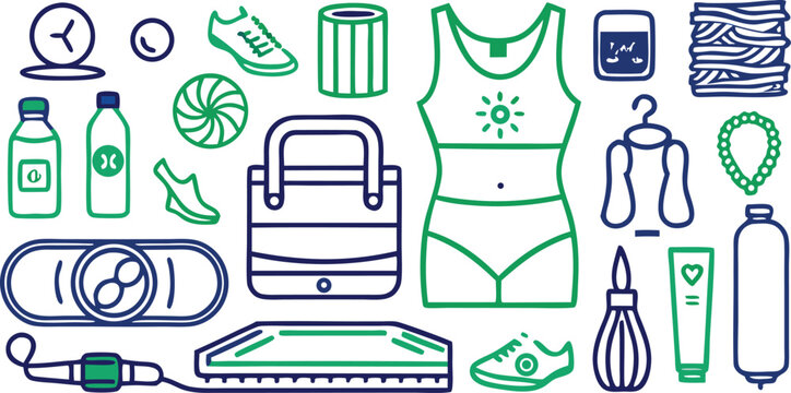 Assorted Health and Fitness Items in Blue and Green lifestyle collection