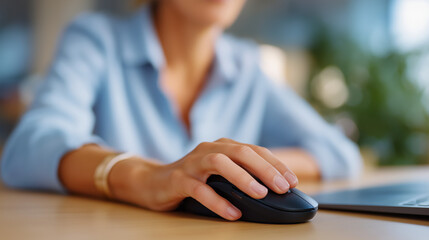 A woman using a wireless computer mouse in a professional office setting