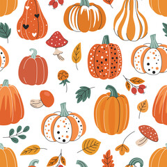 Autumn pumpkin cartoon pattern folk pumpkins, mushrooms, berries and leaves. Decorative seamless background. Autumn texture for Thanksgiving, harvest and Halloween and other seasonal designs.