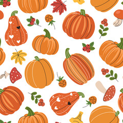 Autumn pumpkin cartoon pattern folk pumpkins, mushrooms, berries and leaves. Decorative seamless background. Autumn texture for Thanksgiving, harvest and Halloween and other seasonal designs.