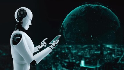 AI robot huminoid uses cloud computing technology to store data on online server . Futuristic concept of cloud information storage analyzed by machine learning process . 3D rendering . - Powered by Adobe