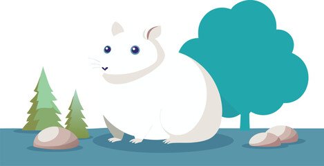 Cute cartoon white hamster with big blue eyes sitting in a stylized natural environment rodent animal