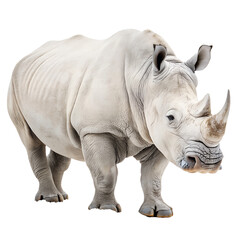 Obraz premium A white rhinoceros stands on a black background. The rhino has a large body, thick skin, and a prominent horn. It appears calm and majestic.