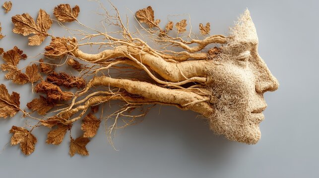 Profile of a 50-year-old man with dang shen root clusters on a white background