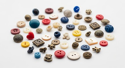 colorful buttons in various shapes and sizes scattered on a solid colorful background
