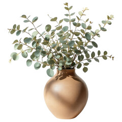 Eucalyptus in earthen vase: A collection of lush green eucalyptus branches, their leaves perfectly formed, are artfully arranged in a rustic earthen vase, creating a natural and elegant composition. 
