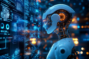 Futuristic Humanoid AI Robot Engages in Advanced Machine Learning and Data Analysis, in a High-Tech Virtual Environment 