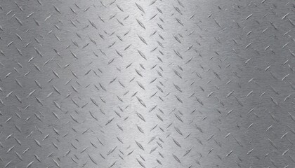 Seamless metallic silver plate texture with raised diamond pattern. Industrial hard-wearing surface detail, suitable for backgrounds, construction designs. Embossed geometric shapes create shiny,