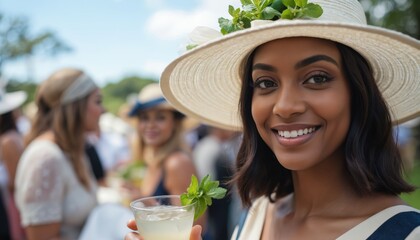 Stylish women in fancy derby hats, dresses sip mint juleps at chic derby party. Festive atmosphere exudes elegance, glamour, sophistication. High society affair trendy fashion, celebratory style.