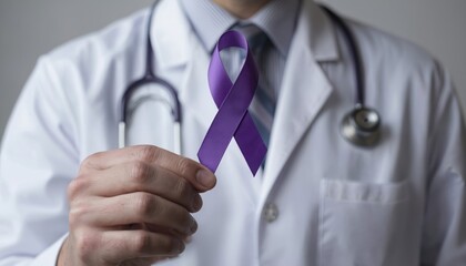 Doctor in white coat holds purple cancer awareness ribbon. Stethoscope visible. Symbolizes support for various diseases like epilepsy, Alzheimer, domestic violence, and pancreatic cancer awareness.