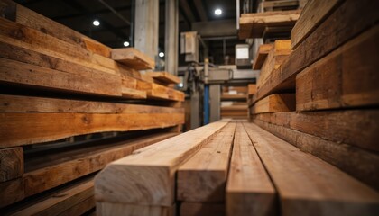 Stacks of lumber inside factory or warehouse. Processed wood beams and planks arranged in rows, showcasing natural wood grain and texture. Industrial setting with visible machinery in background.