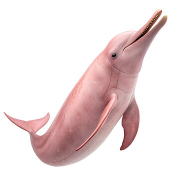 A pink river dolphin swims gracefully in dark water. Its smooth skin and elongated snout are clearly visible, showcasing its unique features.