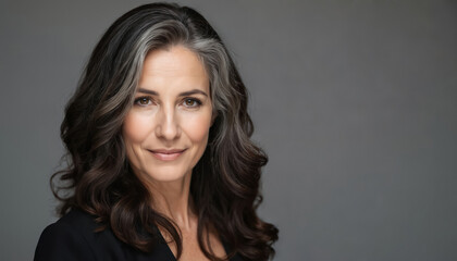 Fototapeta premium Portrait of smiling, mature Italian woman with striking grey streaks in dark hair. Healthy skin, radiating natural beauty, confidence. Close-up shot against plain grey studio background emphasizes