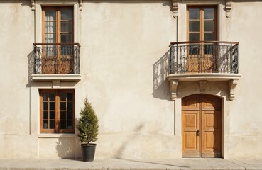 Elegant building facade with ornate wooden doors, windows. Features balconies with wrought iron railings, potted evergreen tree. European style architecture with classic plaster finish, detailed