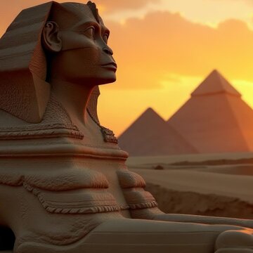 A statue of a sphinx guards the entrance to ancient Egyptian pyramids
