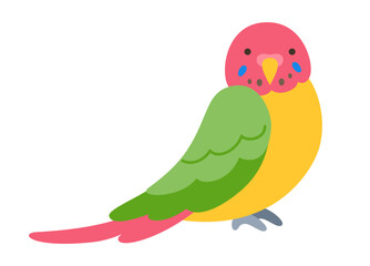 Parrot tropical cartoon illustration. Exotic bright budgerigar green parrot childish trendy art for kids, sticker card, poster cover. Wildlife jungle Hawaiian cute bird funny vivid vector character