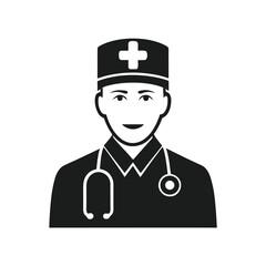 Silhouette of a Medical Professional Doctor Wearing a Stethoscope and Cap with a Cross Symbol for Healthcare Services