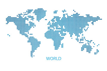 Fototapeta premium Photo of pixelated world map illustration in blue dots isolated on transparent background