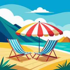 
Summer Beach Vacation Scene with Chairs and Umbrella Vector Illustration