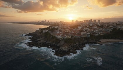 Obraz premium Golden sunset illuminates Salvador, Brazil, casting warm glow over coastal cityscape. Ocean waves crash against rocky shores below, revealing vibrant urban panorama with historic buildings, modern