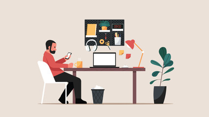 Man working in hybrid home workspace with laptop, smartphone, coffee mug, wall pegboard and organized creative tools. Flat vector illustration