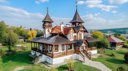 Naklejka premium church in the village of the mountains