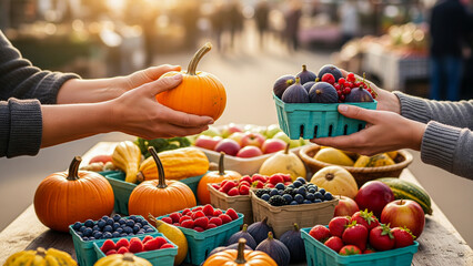 Two pairs of hands exchanging a small pumpkin and a container of figs and berries over a wooden market stall laden with a colorful variety of fresh, autumn fruits and vegetables