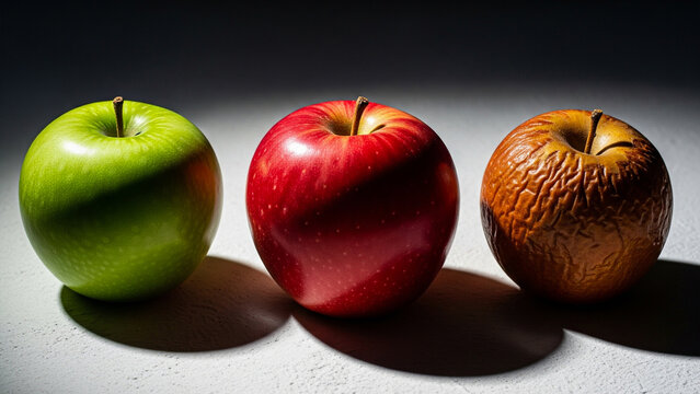 A still life showing three apples in a line: a crisp green apple, a shiny red apple, and a wrinkled, rotten brown apple, symbolizing the passage of time and the life cycle