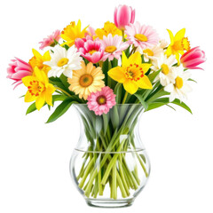 Fototapeta premium Blooming bouquet in glass vase: A vibrant collection of daisies, tulips, and daffodils flourishes within a transparent glass vase, creating a captivating display of nature's elegance.