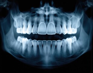 Close-up dental X-ray showing human teeth, jaw anatomy. Medical imaging reveals tooth structure, roots, bone in detail. Useful for dental education, diagnostics, oral health awareness campaigns.