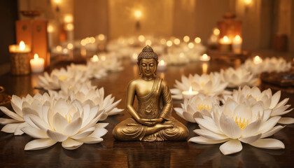 Golden Buddha statue sits serenely surrounded by white lotus flowers, soft candlelight. Scene on wooden surface evokes tranquility, peace, spiritual devotion. Tranquil setting perfect for meditation,