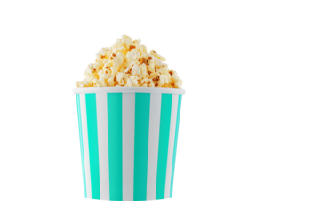 Delicious popcorn, classic box, classic paper cup with Blue stripe, isolated on white background close-up