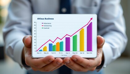 business growth chart on screen held by hands