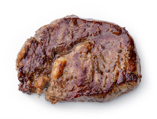 freshly grilled juicy beef steak isolated on white background, top view