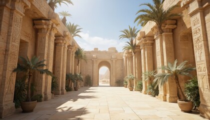 Sunlit ancient Egyptian courtyard featuring stone columns, detailed hieroglyphs, and palm trees. This architectural scene evokes sense of history and grandeur with its sandy tones and clear blue sky.