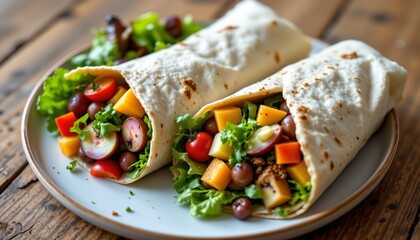 top&acirc;&euro;&lsquo;view of healthy wrap and salad on wooden table