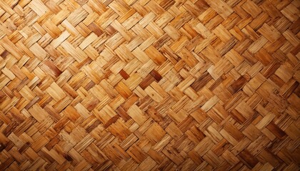Close-up of woven wicker basket texture featuring repeating diagonal pattern of natural bamboo reeds. Hand-made material in shades of brown, tan offers rustic, earthy aesthetic, perfect for
