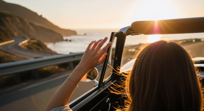 Woman's hand feeling the breeze from a convertible car driving on a scenic coastal road at sunset - Powered by Adobe