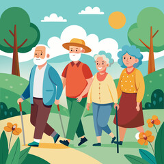 Seniors walking on a trail in a lush park, enjoying a sunny day, accompanied by nature