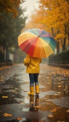 Obraz premium Child in yellow raincoat and boots holds colorful umbrella while walking on wet autumn street. Fallen leaves float on water puddles reflecting trees and cloudy sky. Joyful outdoor activity.