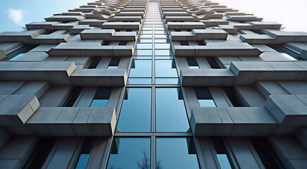 Abstract geometric patterns extracted from the facade of a modern skyscraper, emphasizing horizontal lines and large windows. Composition centered with balanced symmetry, featuring intricate stone tex