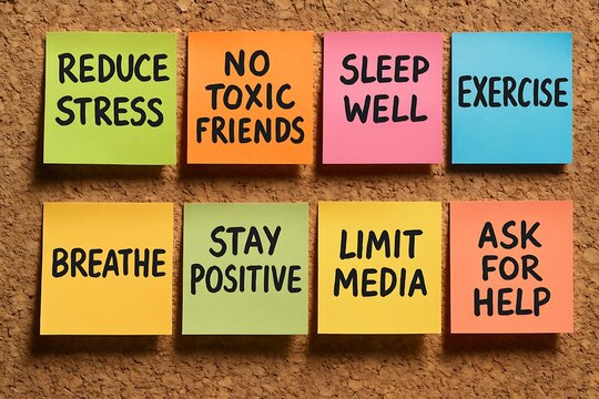 Motivational sticky notes with tips on stress relief, social media limits, and positive mindset healthy lifestyle Background