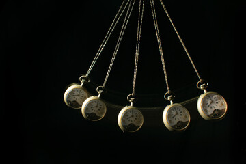 Antique pocket watch moving on a pendulum creating the illusion of multiple clocks, black background, selective focus.