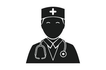 Silhouette of a Medical Professional Doctor Wearing a Stethoscope and Cap with a Cross Symbol for Healthcare Services
