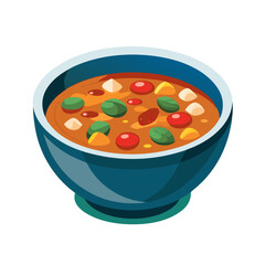 Hearty bowl of minestrone soup with vegetables on a white background, copy space